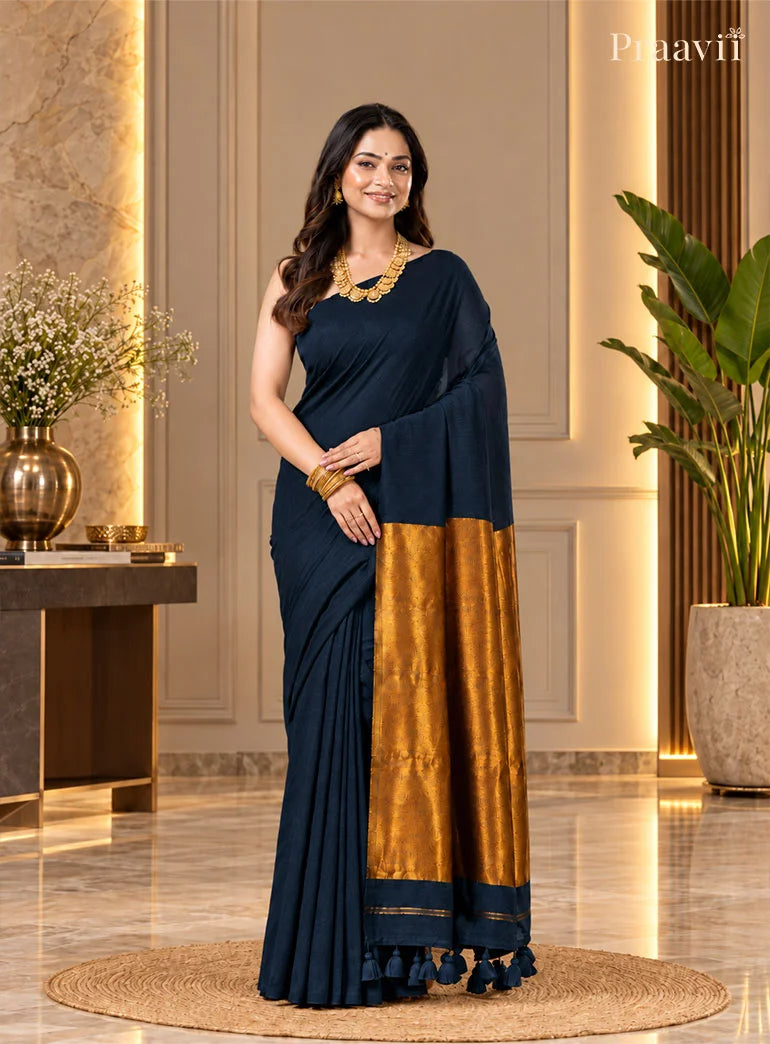 Elegant Navy Silk by Cotton Tissue Saree