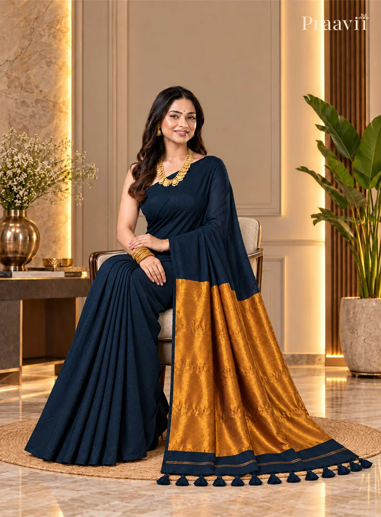 Elegant Navy Silk by Cotton Tissue Saree