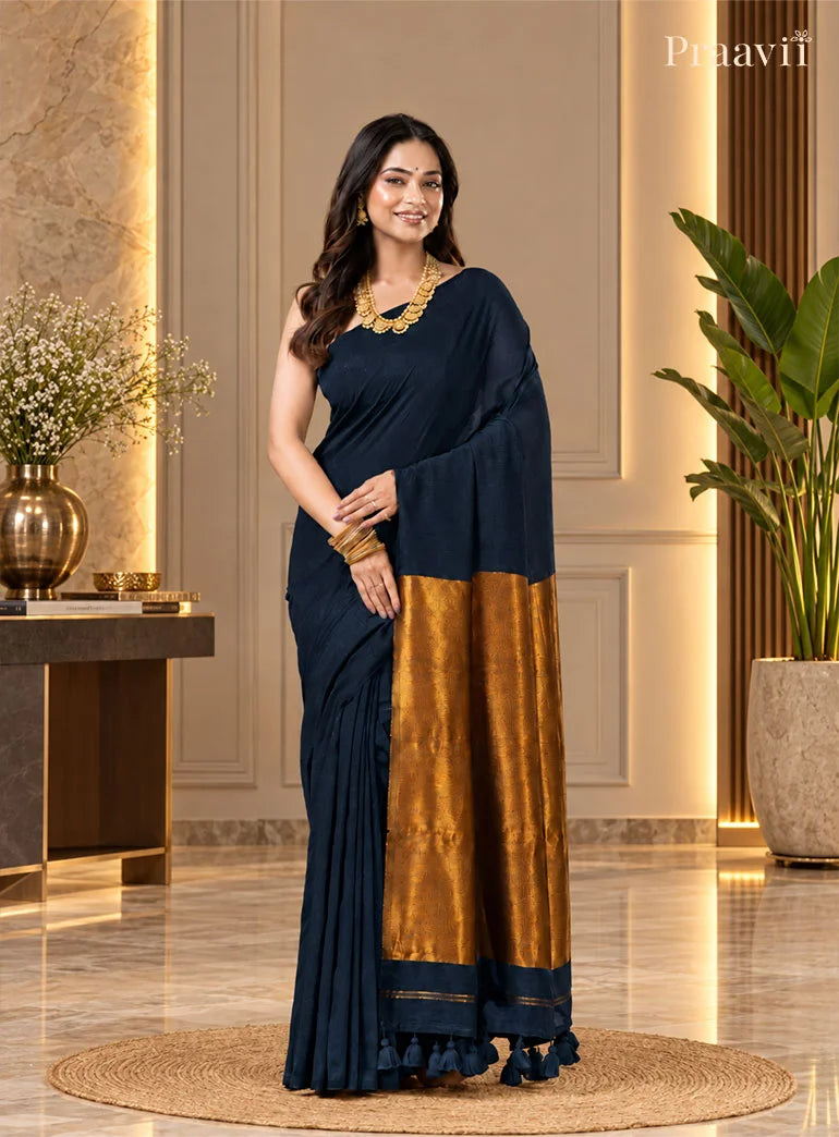 Elegant Navy Silk by Cotton Tissue Saree