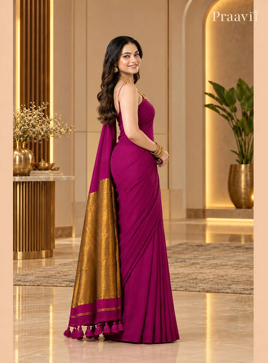 Elegant Purple Silk by Cotton Tissue Saree