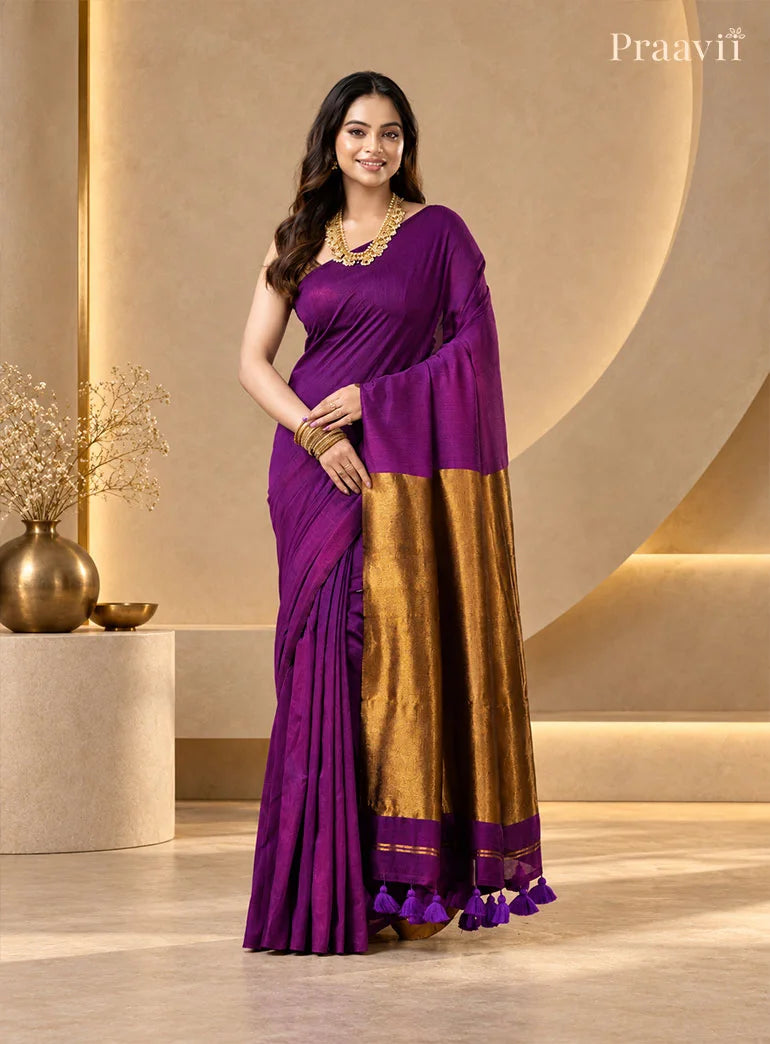 Elegant Dark Purple Silk by Cotton Tissue Saree