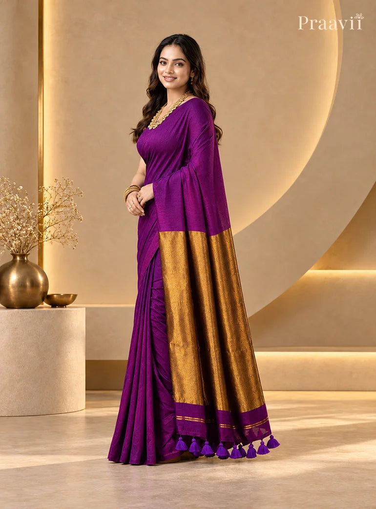 Elegant Dark Purple Silk by Cotton Tissue Saree