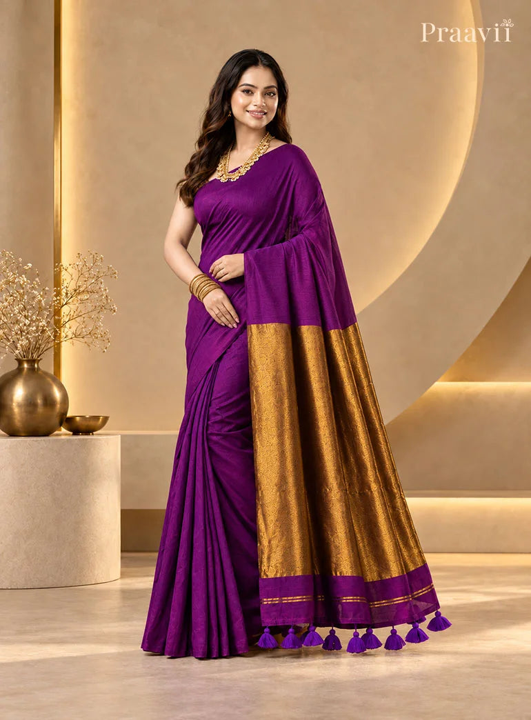 Elegant Dark Purple Silk by Cotton Tissue Saree