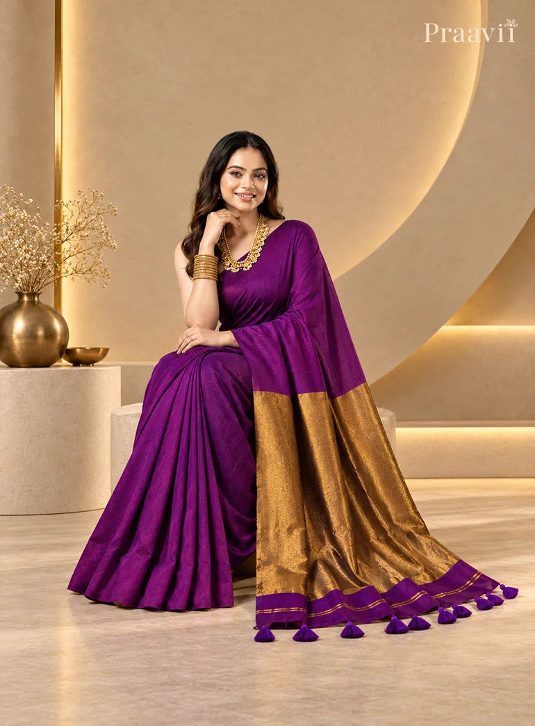 Elegant Dark Purple Silk by Cotton Tissue Saree