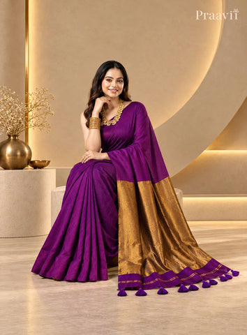 Elegant Dark Purple Silk by Cotton Tissue Saree