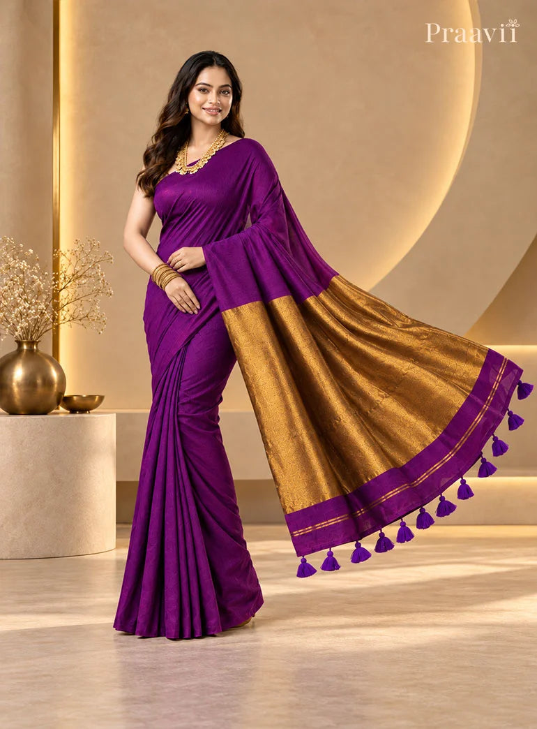Elegant Dark Purple Silk by Cotton Tissue Saree