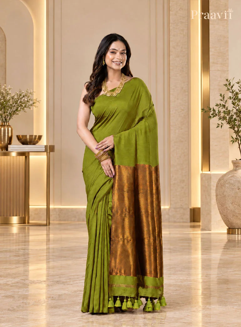 Olive Green Silk by Cotton Tissue Saree
