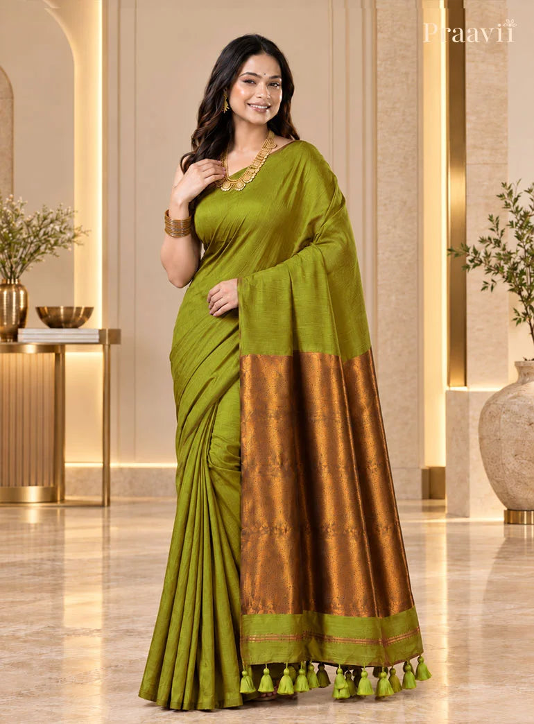 Olive Green Silk by Cotton Tissue Saree
