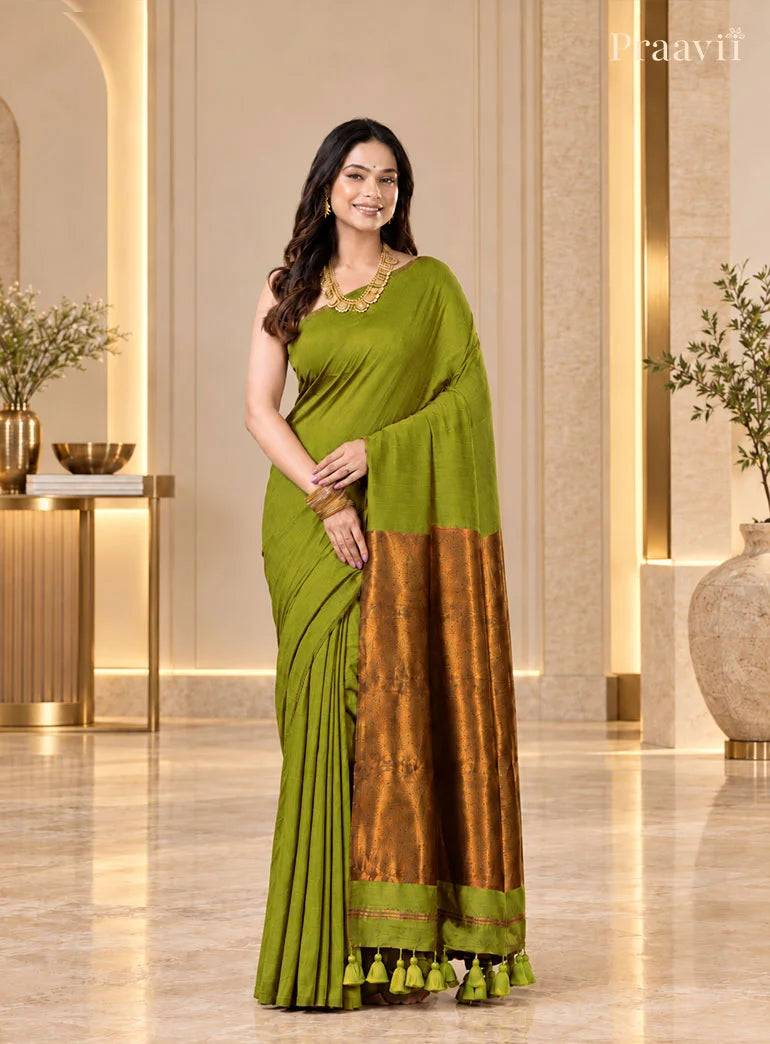 Olive Green Silk by Cotton Tissue Saree