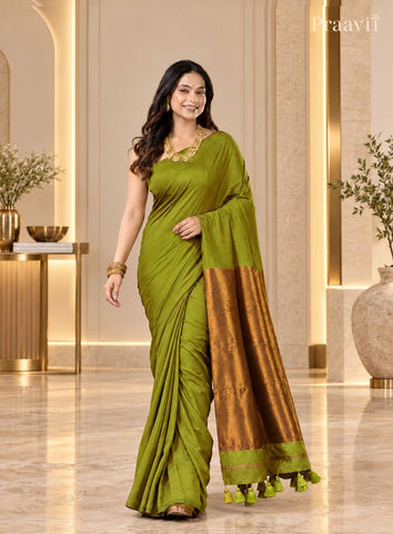 Olive Green Silk by Cotton Tissue Saree