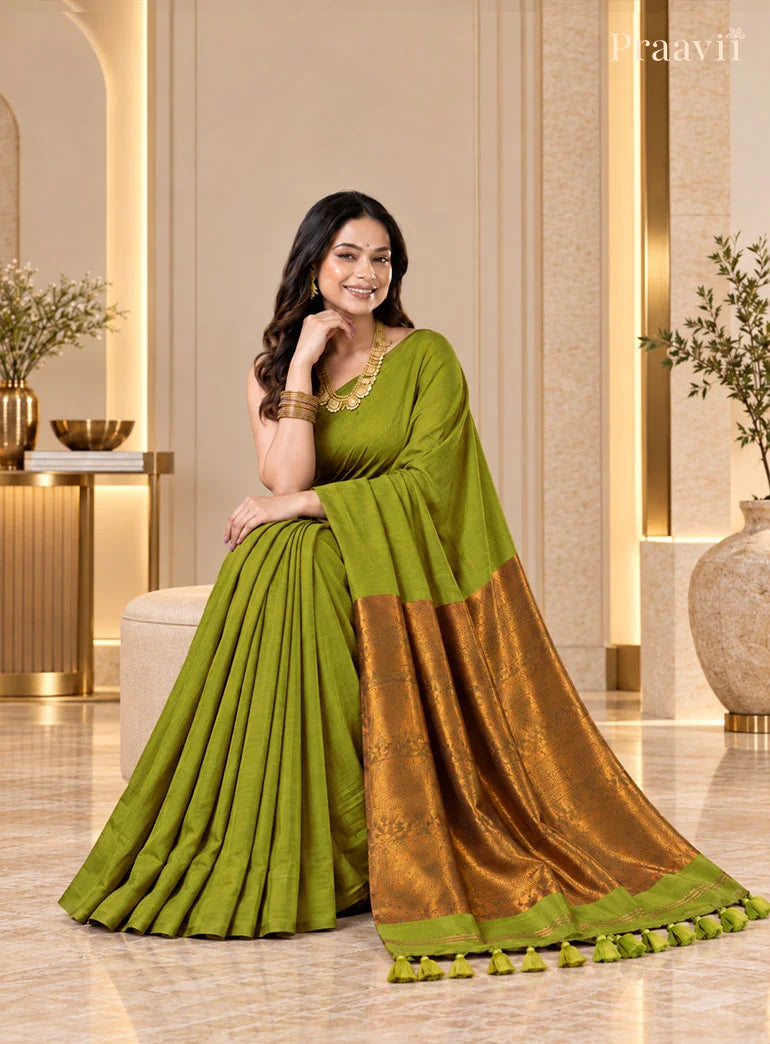 Olive Green Silk by Cotton Tissue Saree