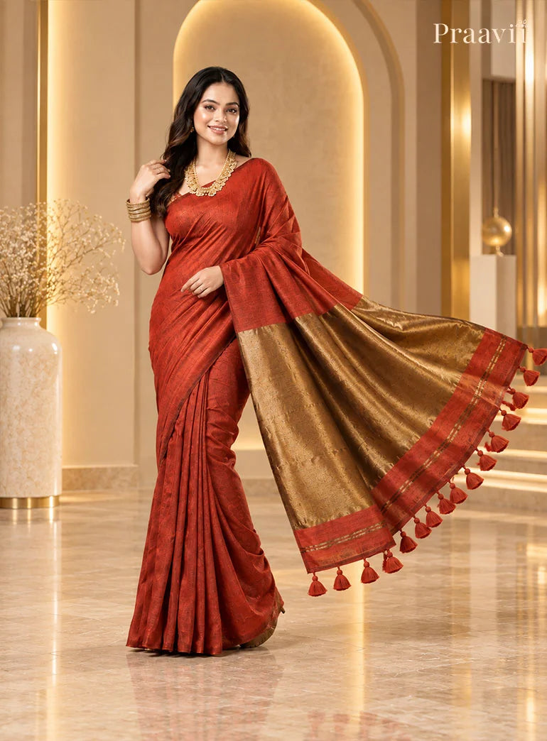 Rust Colour Silk by Cotton Tissue Saree