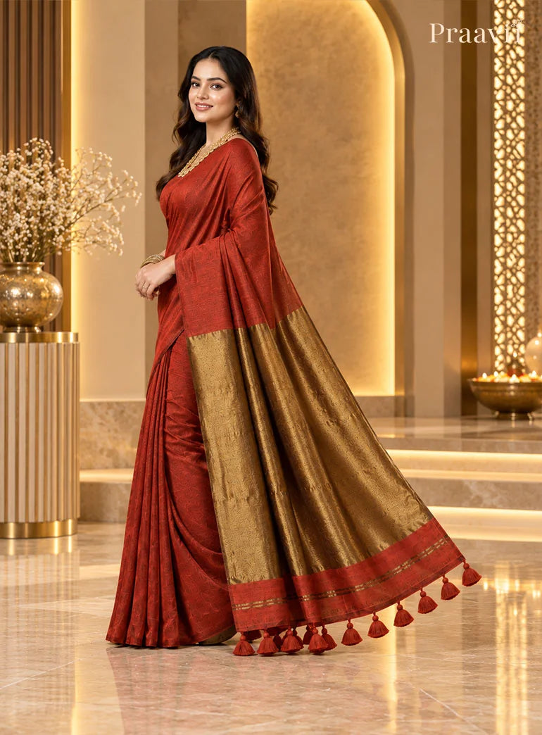 Rust Colour Silk by Cotton Tissue Saree