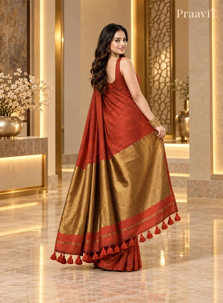 Rust Colour Silk by Cotton Tissue Saree