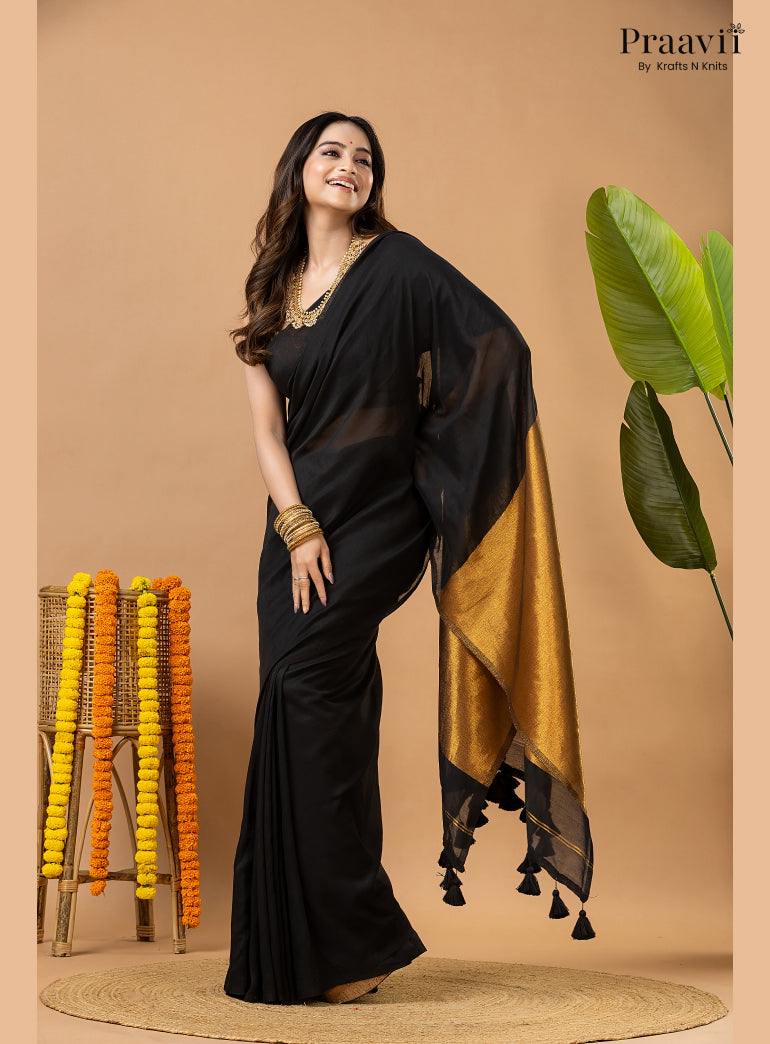 Deep Black Silk by Cotton Tissue Saree