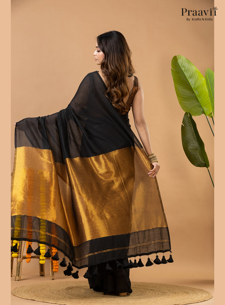 Deep Black Silk by Cotton Tissue Saree