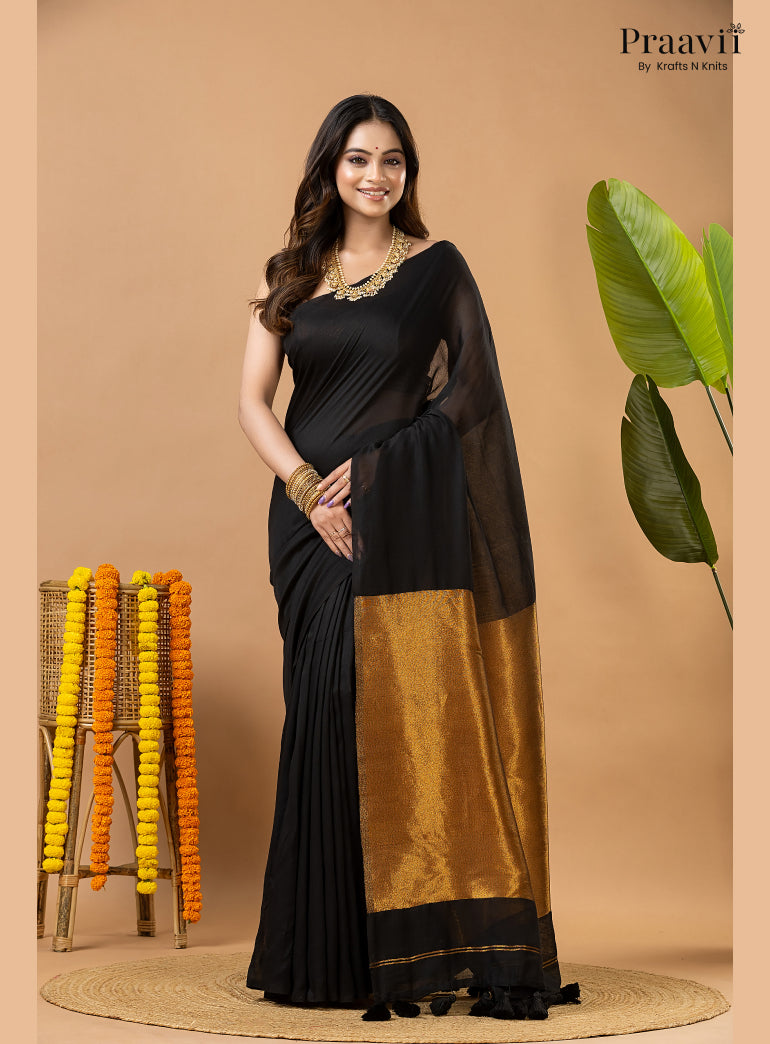 Deep Black Silk by Cotton Tissue Saree