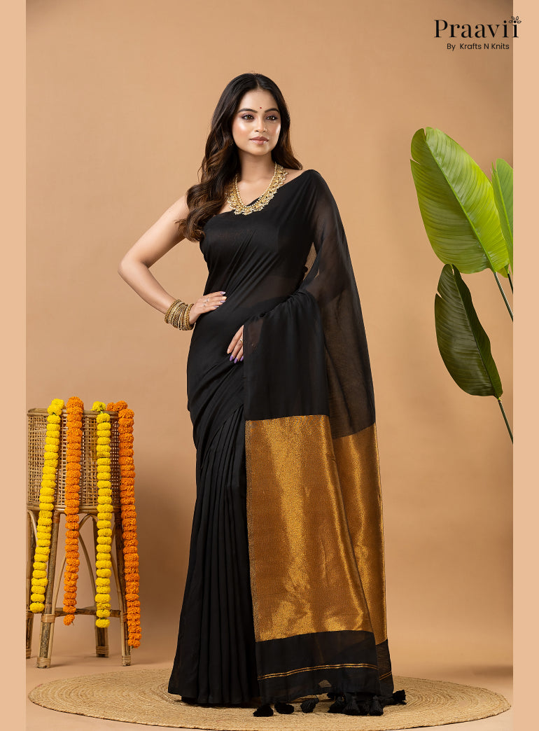 Deep Black Silk by Cotton Tissue Saree