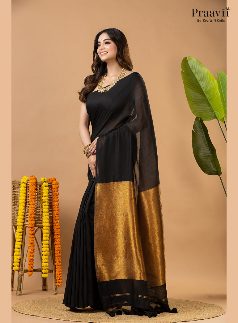 Deep Black Silk by Cotton Tissue Saree
