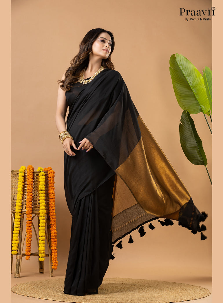 Deep Black Silk by Cotton Tissue Saree