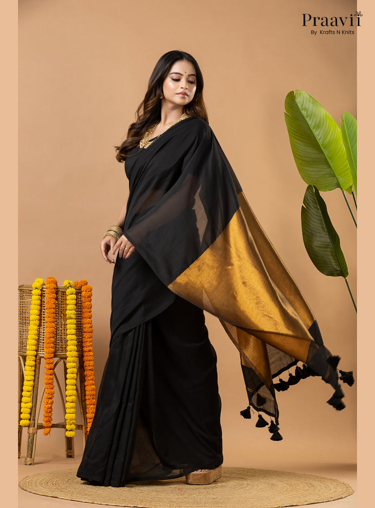 Deep Black Silk by Cotton Tissue Saree