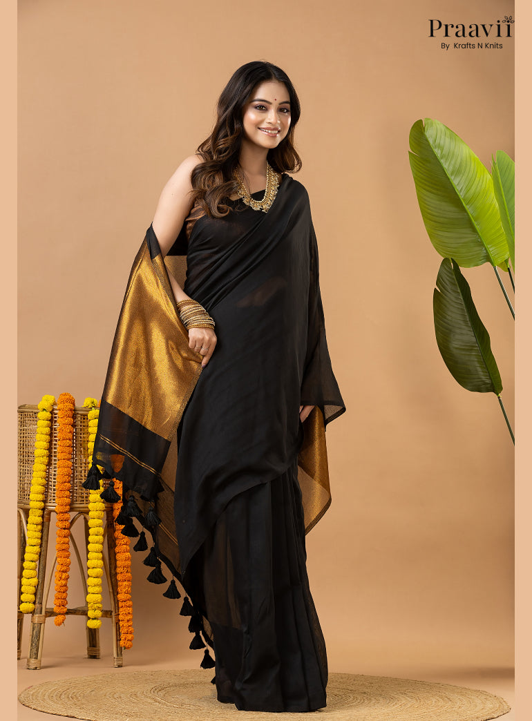Deep Black Silk by Cotton Tissue Saree