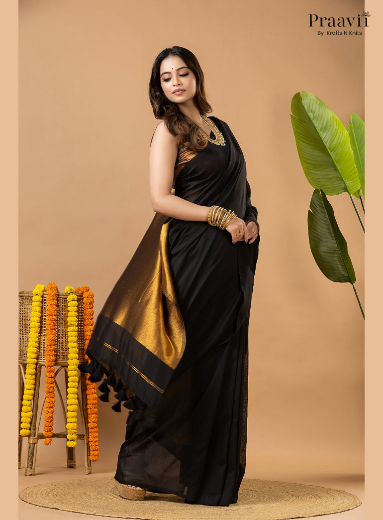 Deep Black Silk by Cotton Tissue Saree