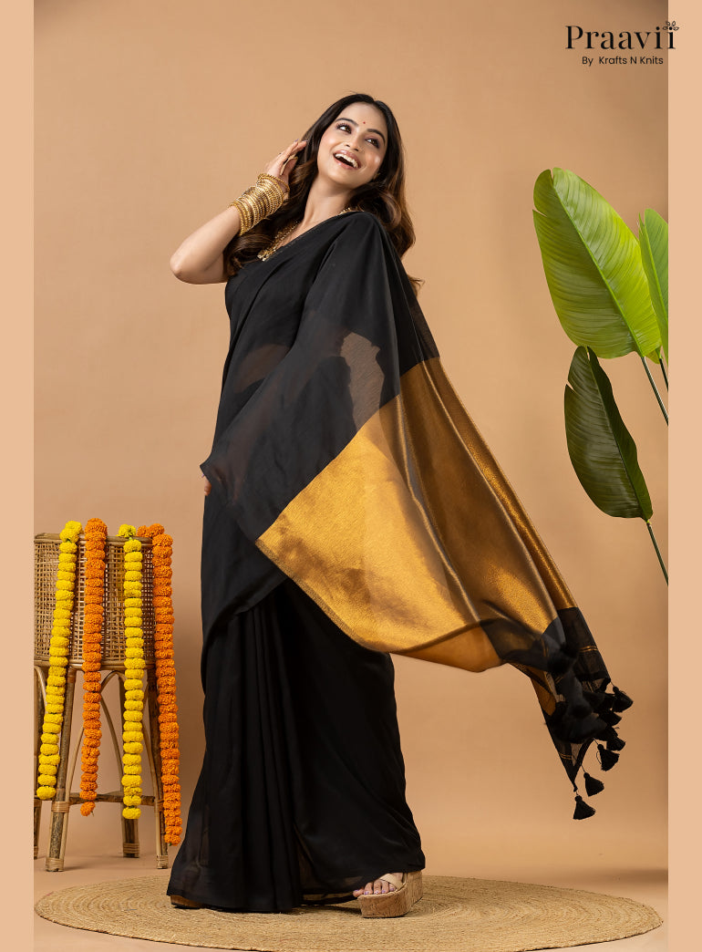 Deep Black Silk by Cotton Tissue Saree