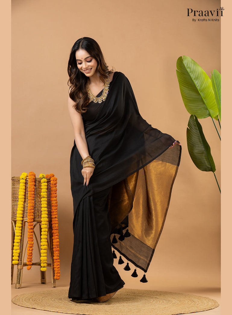 Deep Black Silk by Cotton Tissue Saree