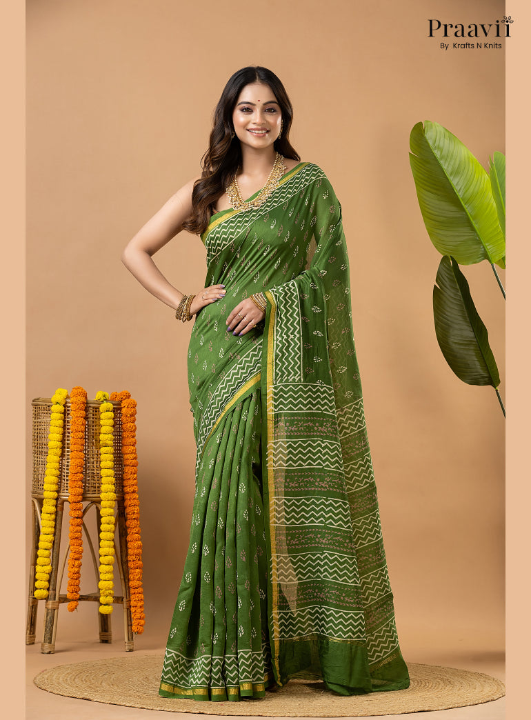Fun Green Chanderi Handblock Print Saree