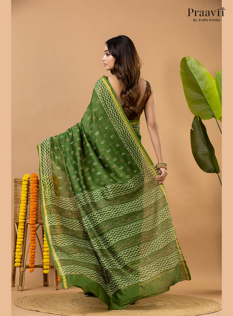 Fun Green Chanderi Handblock Print Saree