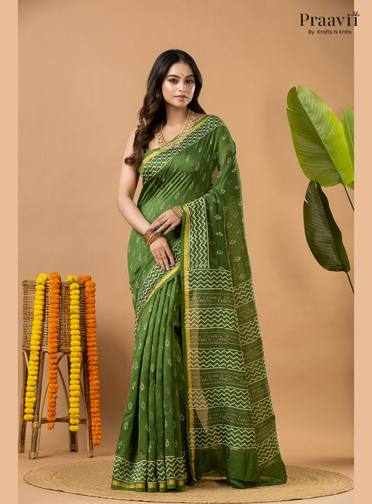 Fun Green Chanderi Handblock Print Saree