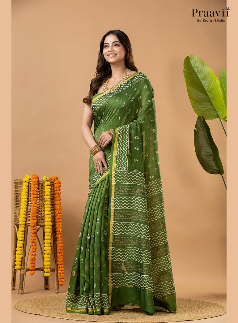 Fun Green Chanderi Handblock Print Saree