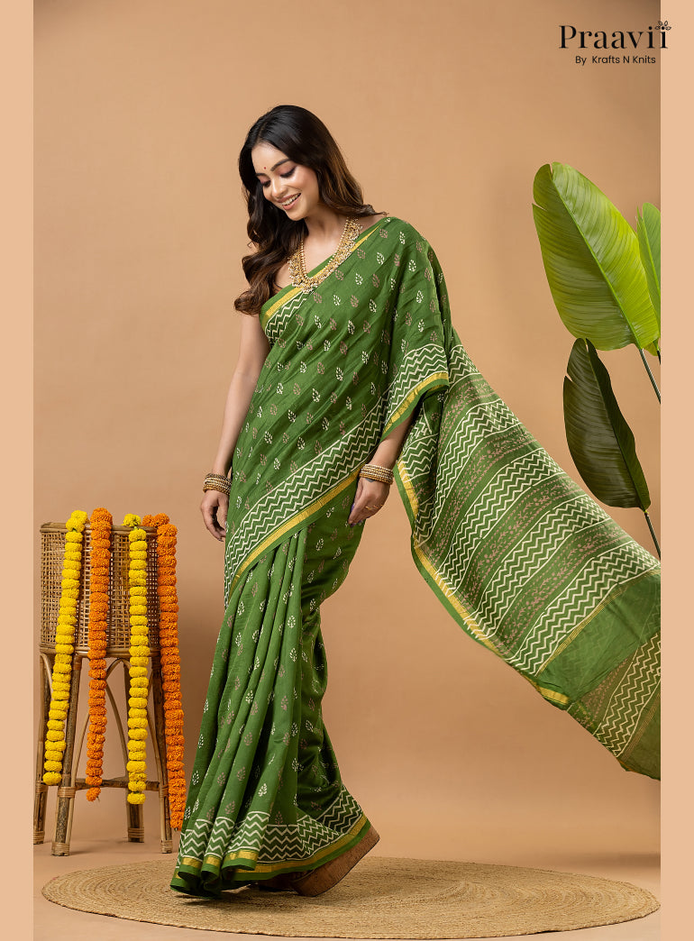 Fun Green Chanderi Handblock Print Saree