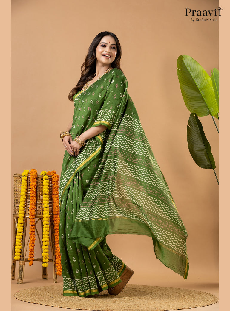 Fun Green Chanderi Handblock Print Saree