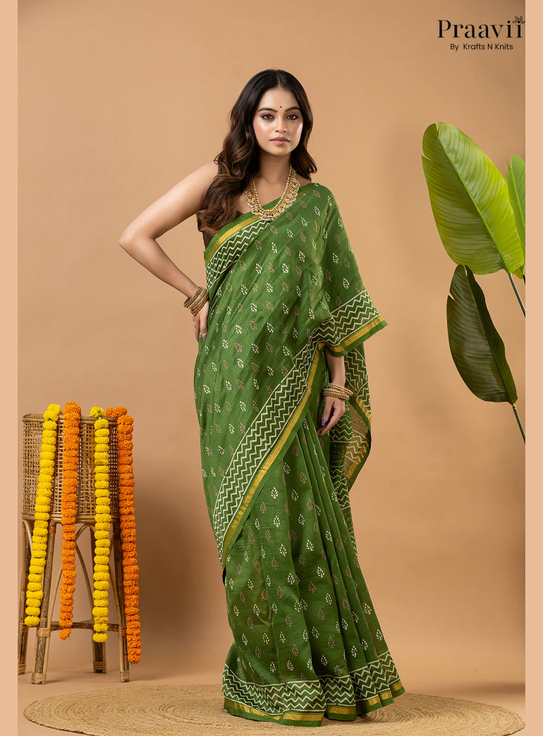 Fun Green Chanderi Handblock Print Saree