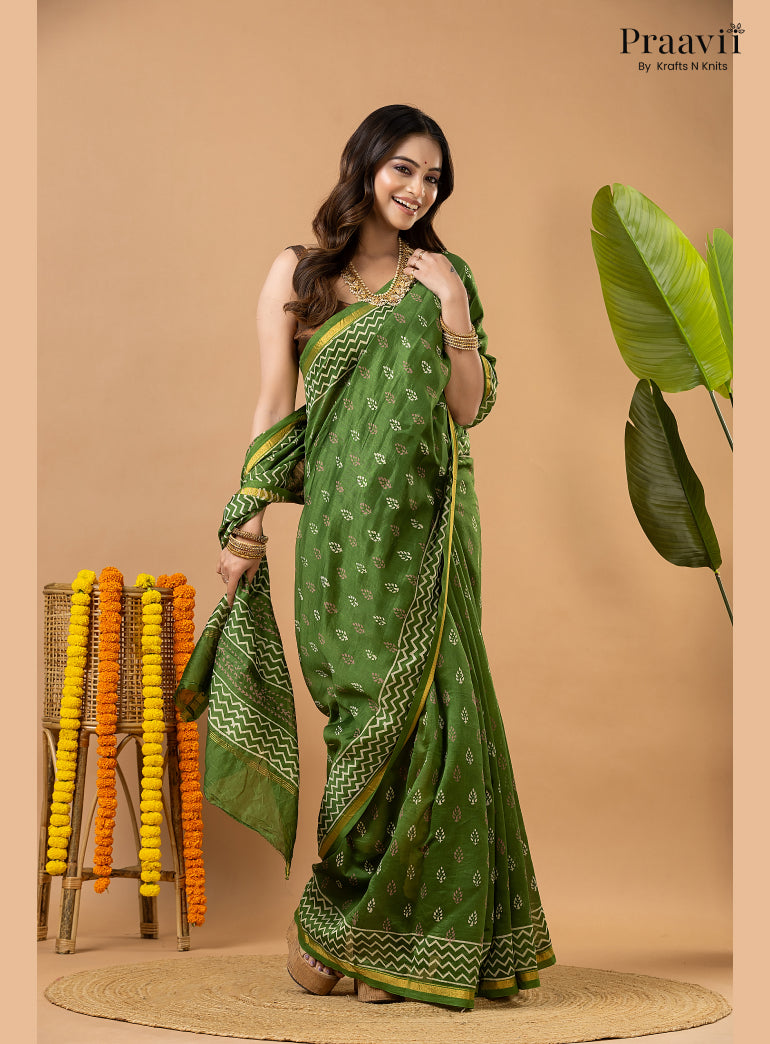 Fun Green Chanderi Handblock Print Saree