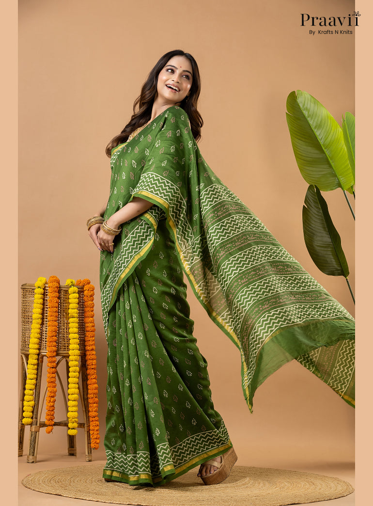 Fun Green Chanderi Handblock Print Saree