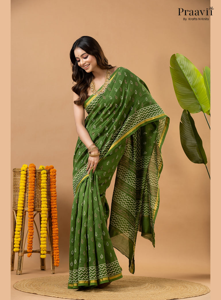 Fun Green Chanderi Handblock Print Saree