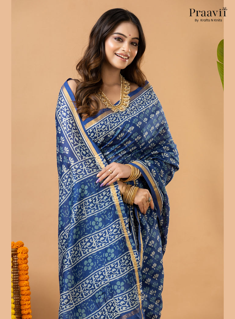 Indigo Blue Chanderi Handblock Print Saree