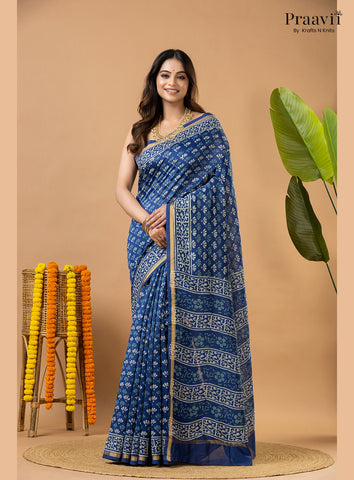 Indigo Blue Chanderi Handblock Print Saree