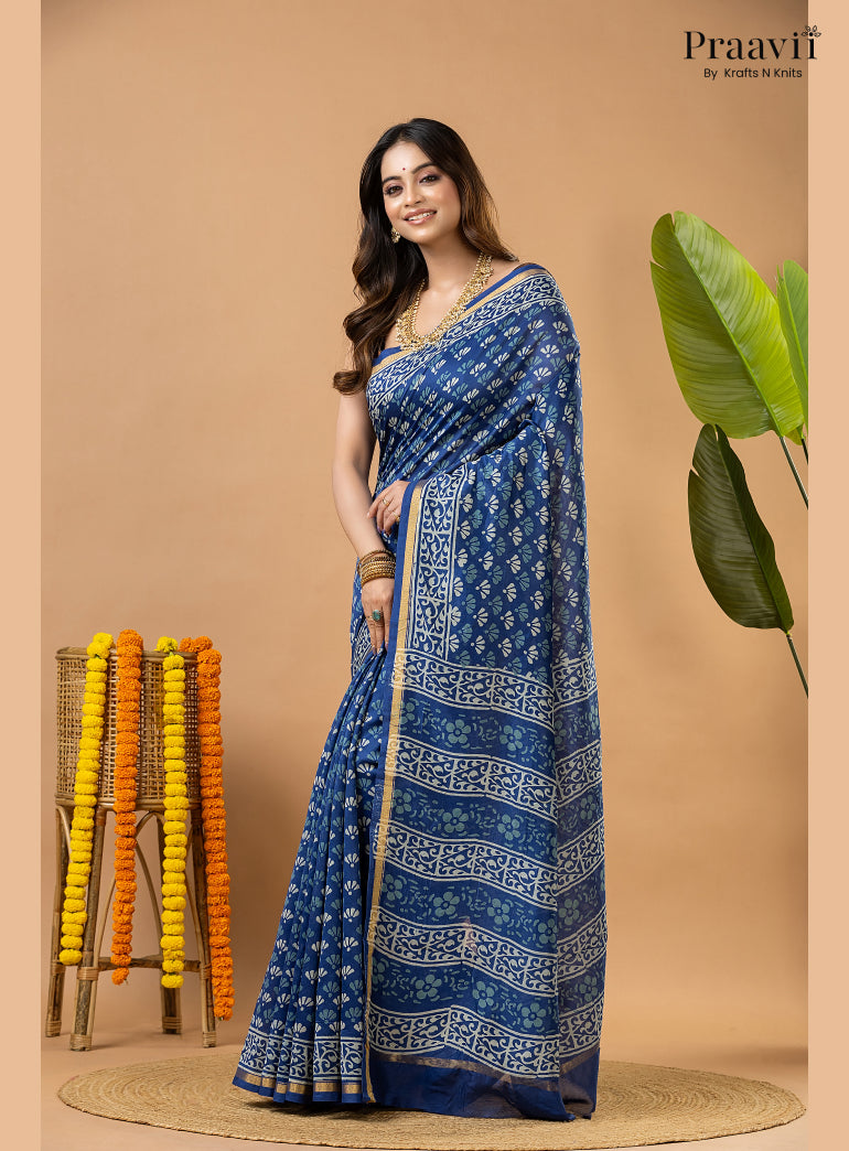 Indigo Blue Chanderi Handblock Print Saree