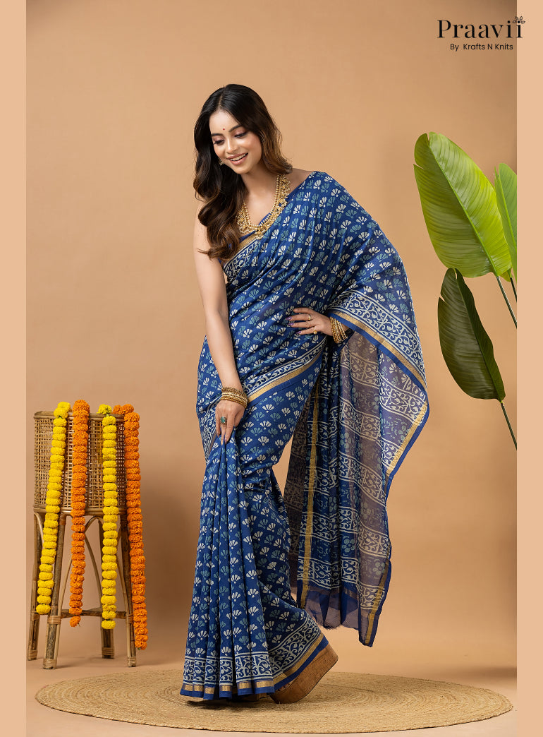 Indigo Blue Chanderi Handblock Print Saree