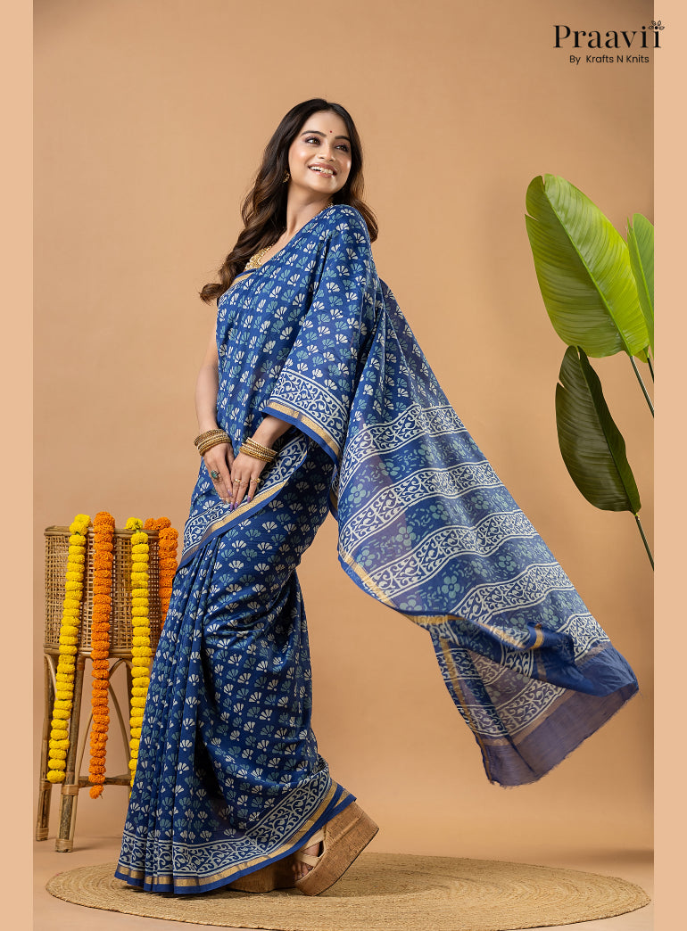 Indigo Blue Chanderi Handblock Print Saree