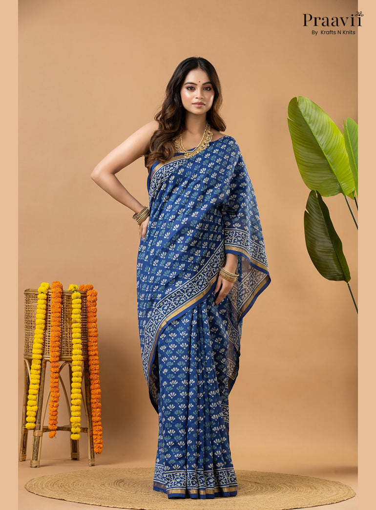 Indigo Blue Chanderi Handblock Print Saree