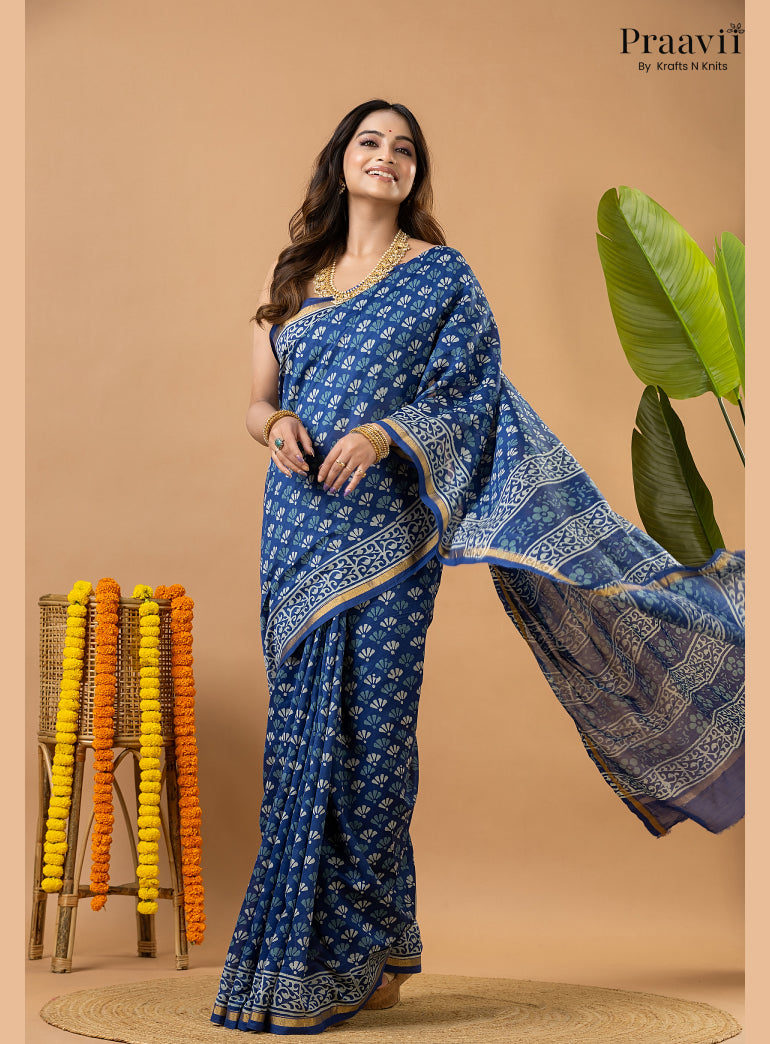 Indigo Blue Chanderi Handblock Print Saree