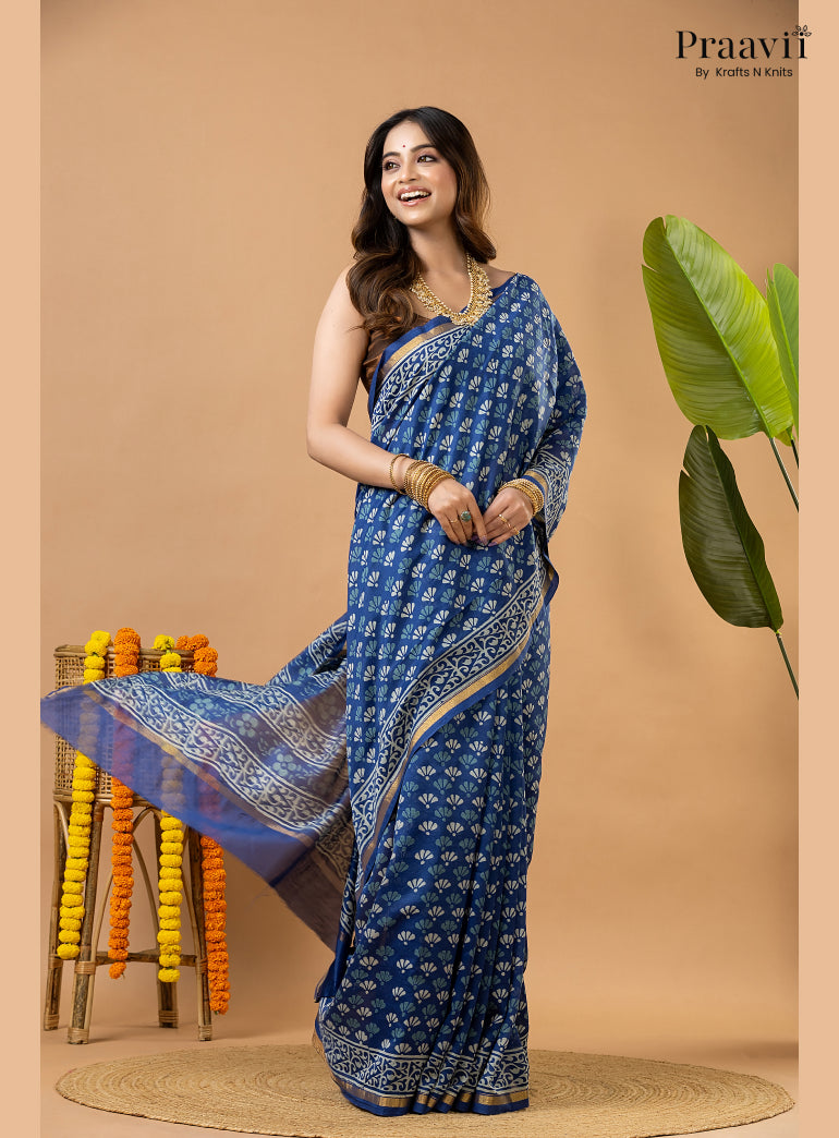 Indigo Blue Chanderi Handblock Print Saree