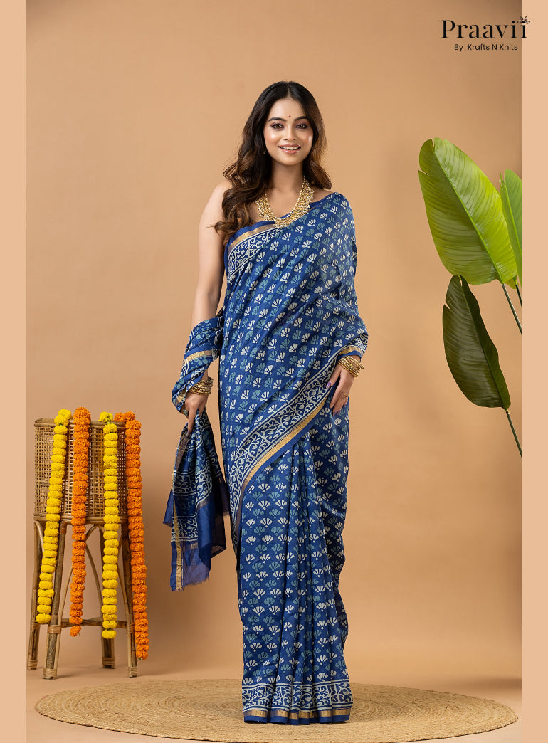Indigo Blue Chanderi Handblock Print Saree