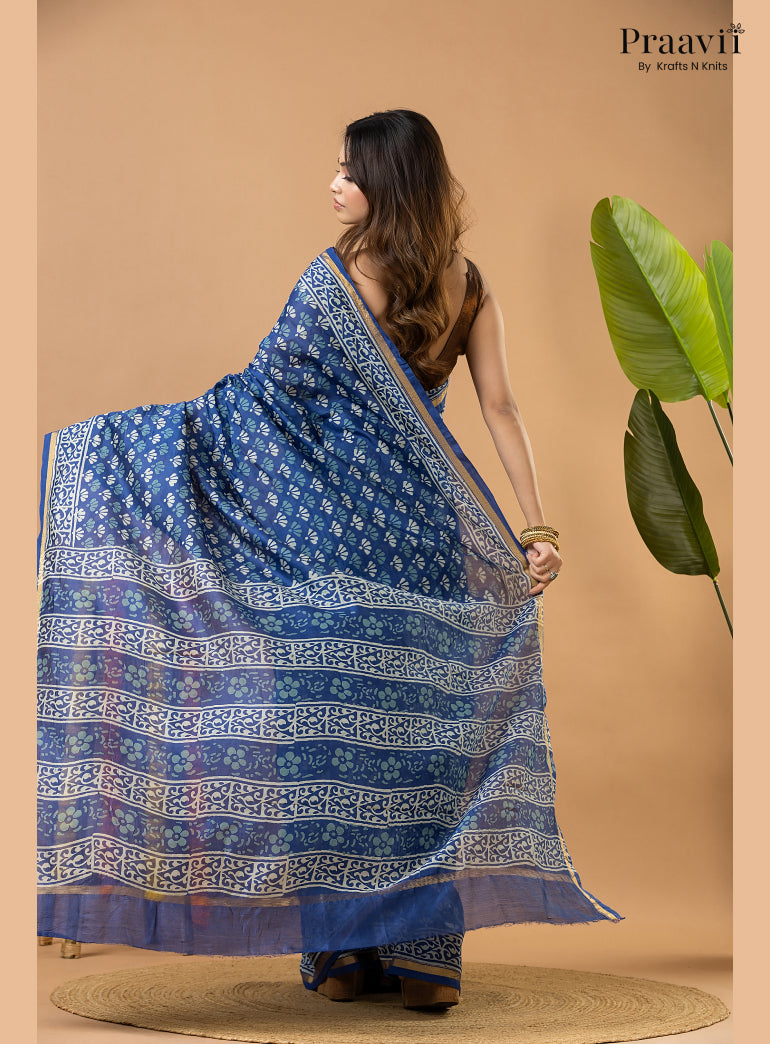 Indigo Blue Chanderi Handblock Print Saree