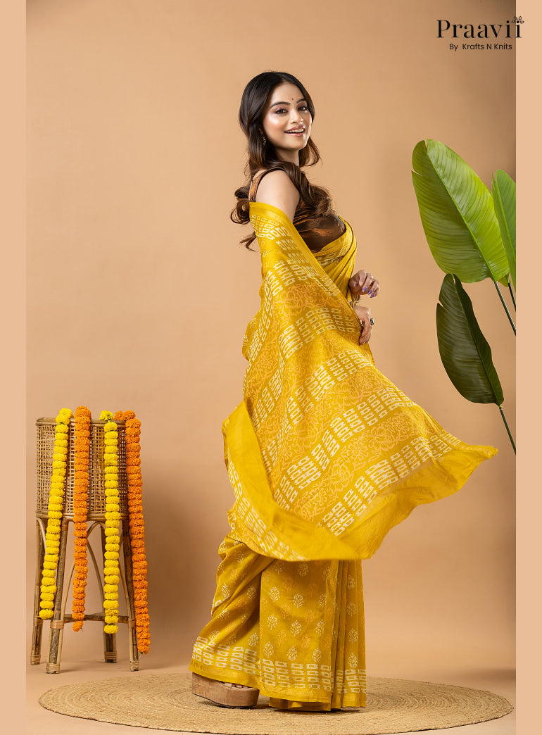 Mustard Yellow Chanderi Handblock Print Saree